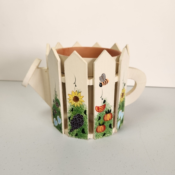 Vintage Handpainted Watering Can Plant Planter Wood Cottagecore Farmhouse Cute - Picture 3 of 13